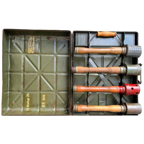 WW2 Original German Metal M24 Stick Grenade Case Dated 1935 With 4 Original Stick Grenades (Original)