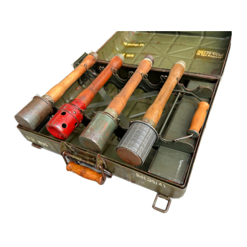 WW2 Original German Metal M24 Stick Grenade Case Dated 1935 With 4 Original Stick Grenades (Original) - Image 2